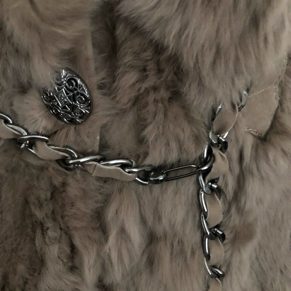 Love Token Natural Rabbit Fur Vest Taupe Sz XS Chain Belt Faux Suede Buttoned - Picture 3 of 8